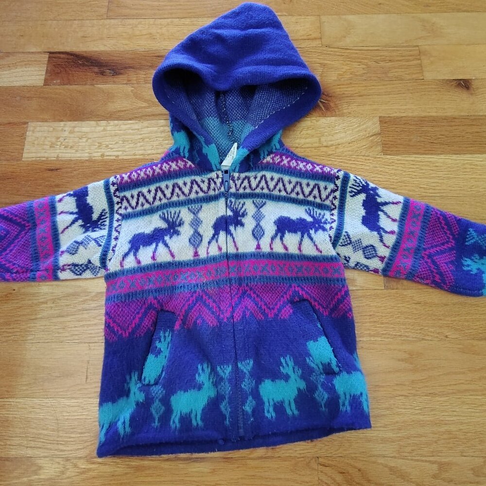 Toddler unisex 100% alpaca wool reindeer hooded zip up jacket 3T